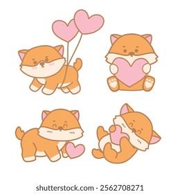 Set of Cute Shiba Inu with Heart Illustration
