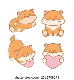 Set of Cute Shiba Inu with Heart Illustration
