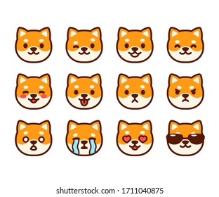 Set of cute Shiba Inu puppy emoticons with different expressions. Funny dog emoji faces. Simple cartoon vector illustration.