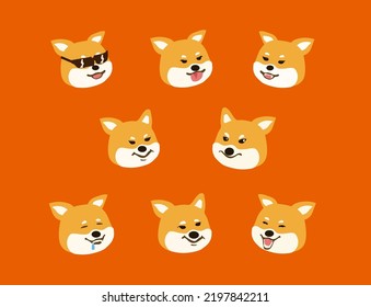 Set of cute Shiba Inu puppy emoticons with different expressions. Funny dog emoji faces. 
