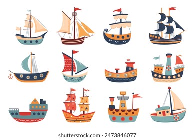 Set of cute ships, boats, yacht and sailing vessel. Nursery art scandinavian style. Childish ship collection. Marine transport clipart. Nautical theme.