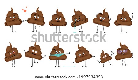 Set of cute shit characters with emotions, face, hands and feet. Smiling or sad turd, heroes in love keep their distance, dance or cry. Vector flat illustration
