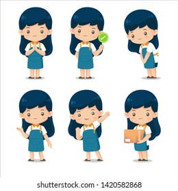 Set of Cute shop assistante character mascot in apron uniform use for illustration