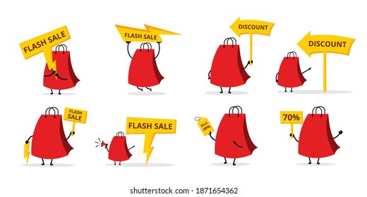 Set Cute shopping bag. Illustration vector graphic cartoon character  icon design. Perfect for Ecommerce, Symbol of promotion sale, store web element. Illustration E-commerce Shopping Symbols.