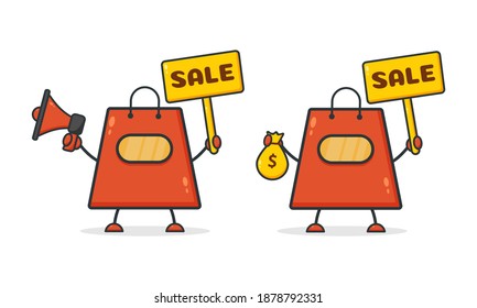 Set Cute shopping bag. Illustration vector graphic shop bag cartoon character  holding sale banner. Perfect for Ecommerce, Symbol of promotion sale, store web element. 