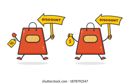 Set Cute shopping bag. Illustration vector graphic shop bag cartoon character  holding discount banner. Perfect for Ecommerce, Symbol of promotion sale, store web element. 