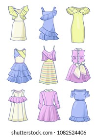 Set of cute short summer dresses, in Baby doll style, isolated on white background