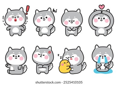 Set of cute siberian husky dog in various feeling and poses.Emotional.Love.Hi.Angry.Sad.Pet animal character cartoon design.Image for card,sticker,decorated,baby product.Kawaii.Vector.Illustration.