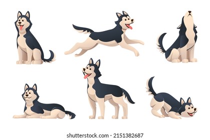 Set of cute siberian husky in various poses illustration