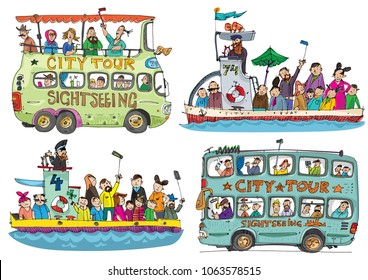 A set of cute sightseeing vehicles. Buses and boats. Cartoon.