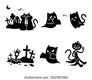 Set of cute silhouette cat ghosts cartoon character for decorating Halloween night party flat vector illustration isolated on white background. Happy Halloween, Spooky night.