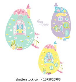 Set of cute silhouette contour Easter egg-shaped house with rabbit. Bunny looks out open window towards the spring. Colorful vector isolated illustration on white. Celebration, festive.