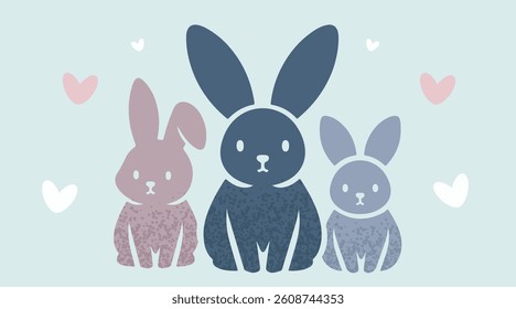 Set of Cute silhouettes of rabbits with flowers and hearts for Easter, vector illustrations.
