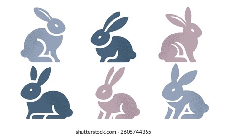 Set of Cute silhouettes of rabbits with flowers and hearts for Easter, vector illustrations.
