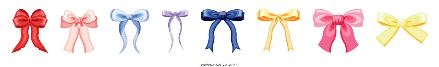 Set of cute silk bows in cartoon style. Vector illustration of ribbon bows of different shapes and sizes isolated on white background. Red, pink, blue, dark blue, orange, yellow bows. Decorations.