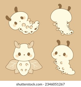Set of cute silk moth, silk worm doodle collection
