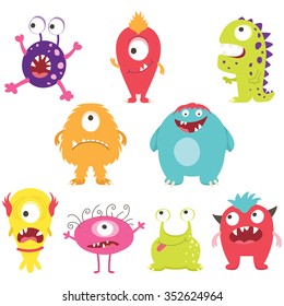 Set of cute silly monsters with different emotions - happy, smiling, surprised, angry, anxious and foolish.