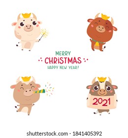 Set of cute silver cartoon bulls and cows.New year ox with various festive attributes.Chinese new year 2021 symbol.Set of holiday animals for the design of calendars,cards,advertising.Vector 