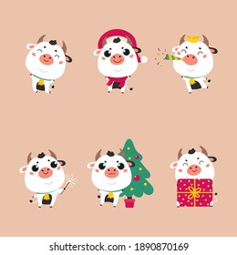 Set of cute silver cartoon bulls and cows.New year ox with various festive attributes.Chinese new year 2021 symbol.Set of holiday animals for the design of calendars,cards,advertising.Vector 