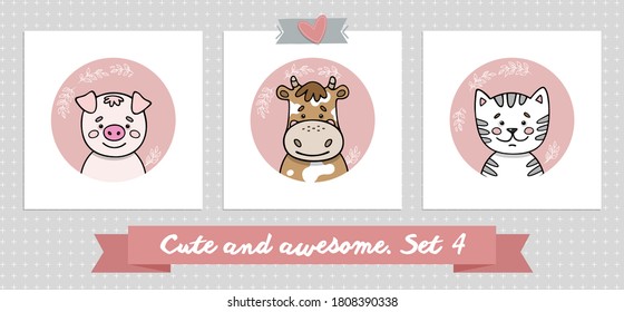 Set of cute simple animal faces portraits. Designs for nursery interior elements, baby clothes, cards, prints, stickers, labels. Hand drawn characters. Vector illustration.
