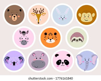 Set of cute simple animal heads - bear, monkey, zebra, sloth, koala, rabbit, elephant, tiger, deer, hippo, panda. Cartoon portrait stickers for children's clothing, stationery, social networks