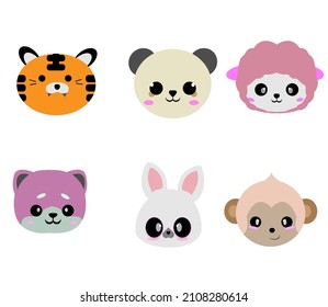 un conjunto de cabezas de animales lindas y simples, tigre, panda, oveja, perro, conejo, mono. 