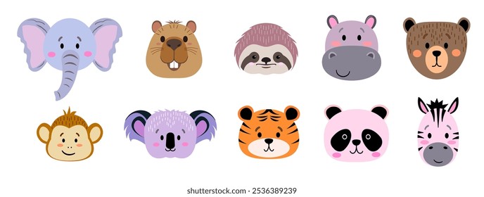 Set of cute simple animal heads - capybara, bear, monkey, zebra, sloth, koala, elephant, tiger, hippo, panda. Cartoon portrait set flat design. Vector illustration isolated