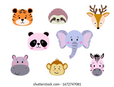 Set of cute  simple animals heads -  monkey, zebra, sloth, elephant, tiger, deer, hippo, panda. Сartoon Portrait Set with Flat Design. Vector illustration