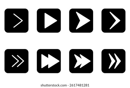 Set of cute and simple arrow icons in black and white, triangle, playback, fast forward (square button type), Vector Illustration