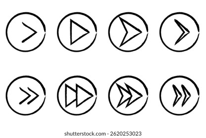Set of cute and simple arrow icons in hand-drawn black and white, triangle, playback, fast forward (round button type), Vector Illustration
