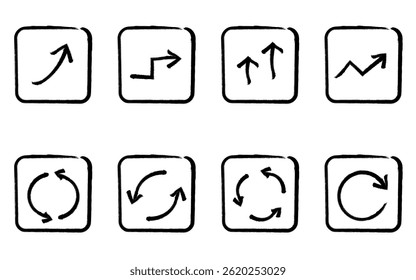 Set of cute and simple arrow icons in hand-drawn black and white, growth and repeat (square button type), Vector Illustration