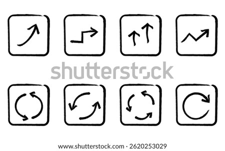 Set of cute and simple arrow icons in hand-drawn black and white, growth and repeat (square button type), Vector Illustration
