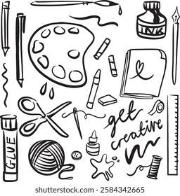 set of cute, simple art supplies. Vector hand drawn illustrations with paint, ink, paint splatter, pen and brush.