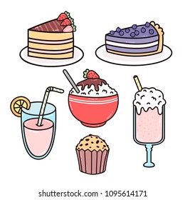 set with cute and simple cartoon food. set with strawberry and blueberry cakes, muffin and summer drinks on white background. can be used like stickers or for other designs