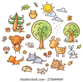 Set of cute and simple cartoon forest animals and plants, no gradients