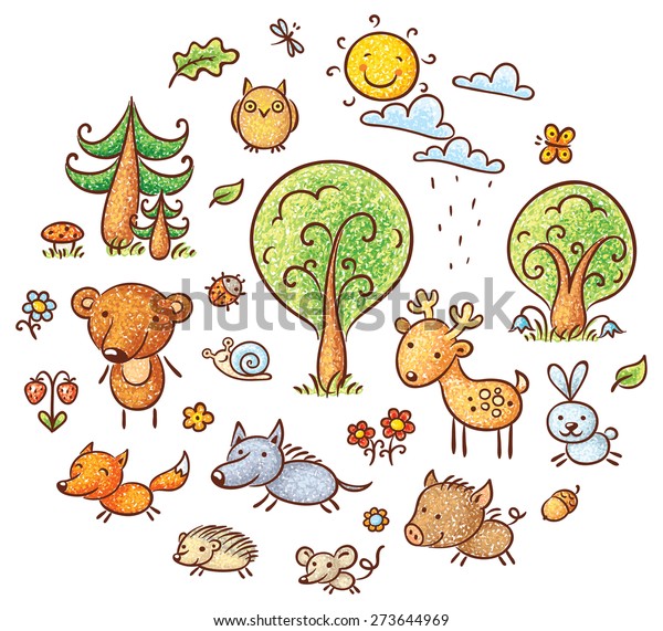 Set Cute Simple Cartoon Forest Animals Stock Vector Royalty Free 273644969