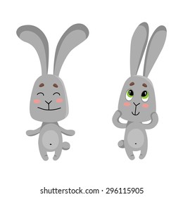 Set of cute and simple cartoon rabbits. Vector happy hares