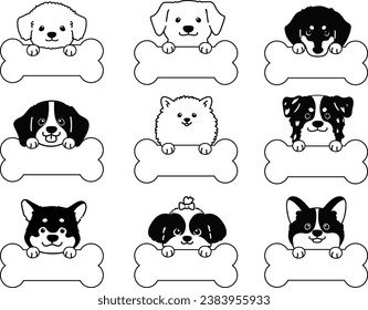 Set of cute and simple dog heads with front paws holding a bone with only outlines