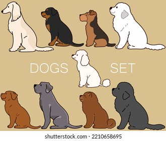 Set of cute and simple dogs (Afghan Hound, Rottweiler, Welsh Terrier, Great Pyrenees, Poodle, French Mastiff, Great Dane, Chow Chow, Newfoundland)