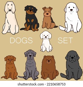 Set Of Cute And Simple Dogs (Afghan Hound, Rottweiler, Welsh Terrier, Great Pyrenees, Poodle, French Mastiff, Great Dane, Chow Chow, Newfoundland)