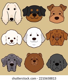 Set Of Cute And Simple Dogs (Afghan Hound, Rottweiler, Welsh Terrier, Great Pyrenees, Poodle, French Mastiff, Great Dane, Chow Chow, Newfoundland)