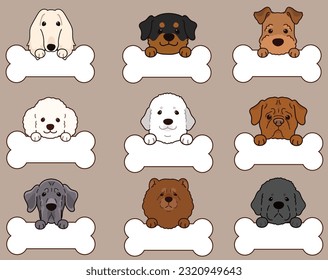 Set of cute and simple dogs (Afghan Hound, Rottweiler, Welsh Terrier, Great Pyrenees, Poodle, French Mastiff, Great Dane, Chow Chow, Newfoundland)