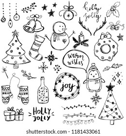 Set of cute and simple hand drawn Christmas elements, including trees, snowflakes, balls and so on