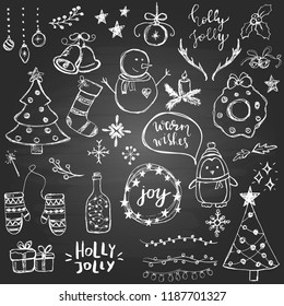 Set of cute and simple hand drawn Christmas elements, including trees, snowflakes, balls on the blackboard background
