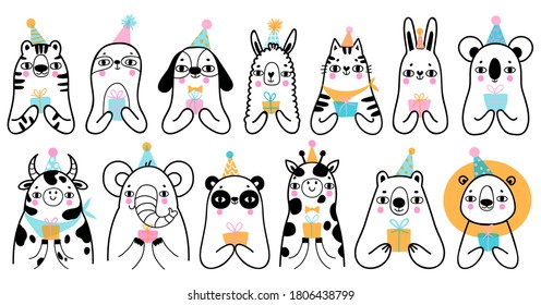 Set of cute simple hand drawn birthday animals. Kid collection  for greeting card. Tiger, sloth, dog, llama, cat, rabbit, koala, cow, panda, elephant, bear, lion, giraffe.  Kids Birthday pa