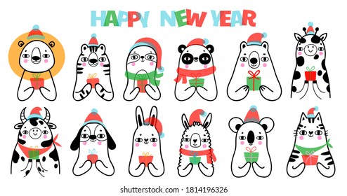 Set of cute simple hand drawn animals with gifts.Christmas and Happy New Year. Kid collection  for greeting card and poster. Vector  illustration