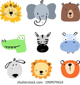 Set of cute simple hand drawn animals heads.