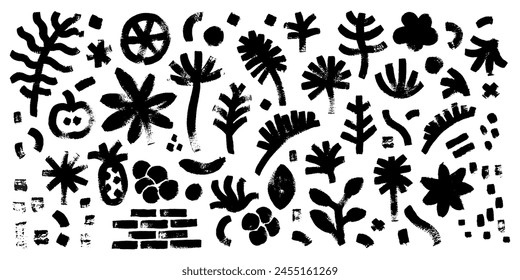 Set of cute simple hand drawn leaves, palms, fruits. grunge texture. Eco, natural design.
