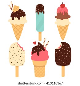 set of cute simple ice cream on white background. set of different ice cream with toppings. can be used like stickers or for greeting cards