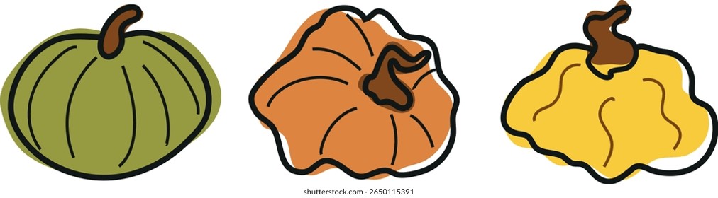 set of cute simple icons of various pumpkins of round shape and various colors, for autumn holidays, advertising and seasonal packaging